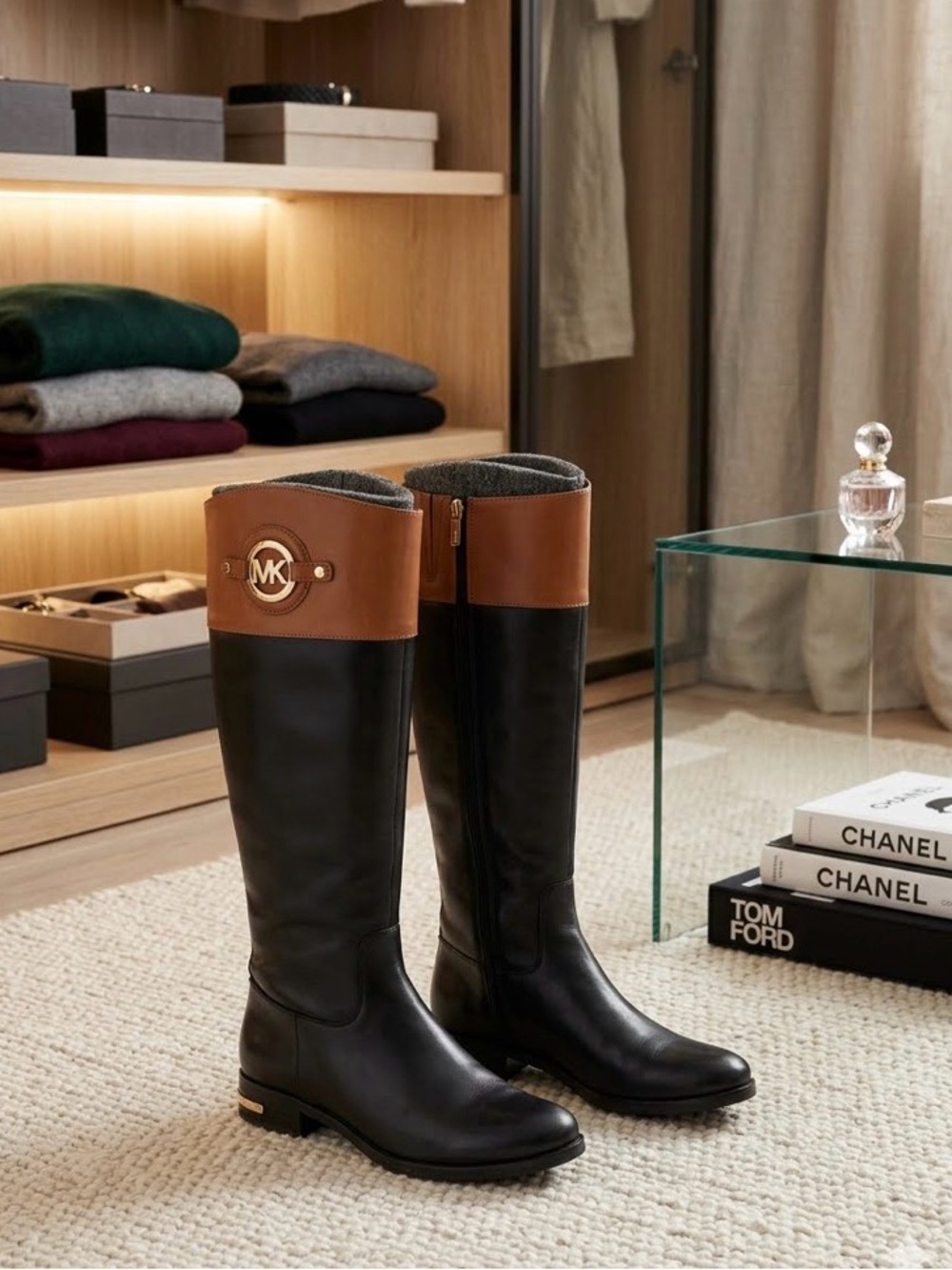 Michael Kors Fulton Two-Tone Leather Riding Boots, Black/Brown Gold Accent 7M